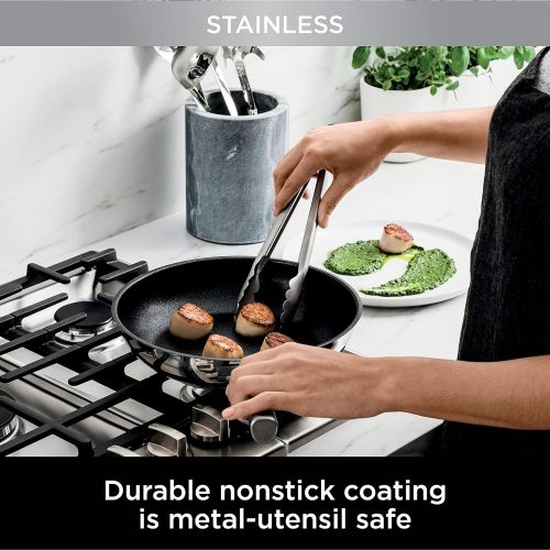 닌자 Ninja C60026 Foodi NeverStick Stainless 10.25-Inch Fry Pan, Polished Stainless-Steel Exterior, Nonstick, Durable & Oven Safe to 500°F, Silver