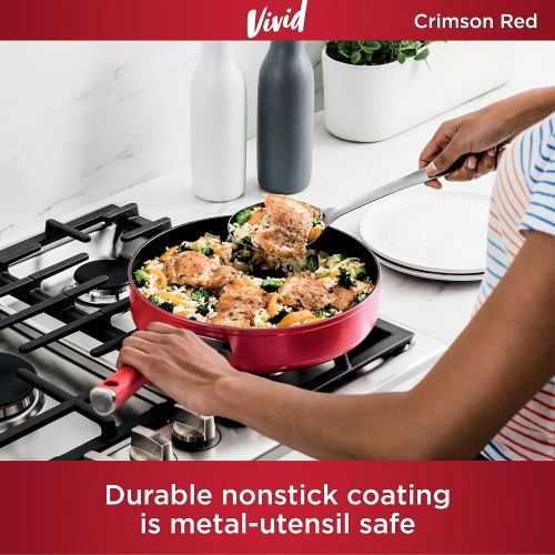 닌자 Ninja C20130 Foodi NeverStick Vivid 3-Quart Saute Pan with Glass Lid, Nonstick, Durable & Oven Safe To 400°F, Cool-Touch Handles, Crimson Red