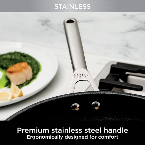 닌자 Ninja C60030 Foodi NeverStick Stainless 12-Inch Fry Pan, Polished Stainless-Steel Exterior, Nonstick, Durable & Oven Safe to 500°F, Silver