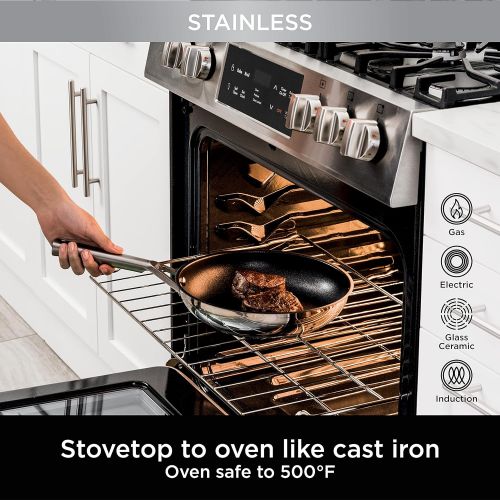 닌자 Ninja C60030 Foodi NeverStick Stainless 12-Inch Fry Pan, Polished Stainless-Steel Exterior, Nonstick, Durable & Oven Safe to 500°F, Silver