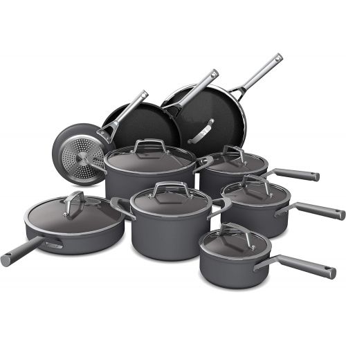 닌자 Ninja C39900 Foodi 16-Piece Cookware Set NeverStick Premium Hard-Anodized Slate Grey & Foodi NeverStick Premium Hard-Anodized 6.5-Quart Stock Pot with Glass Lid, slate grey, C30465