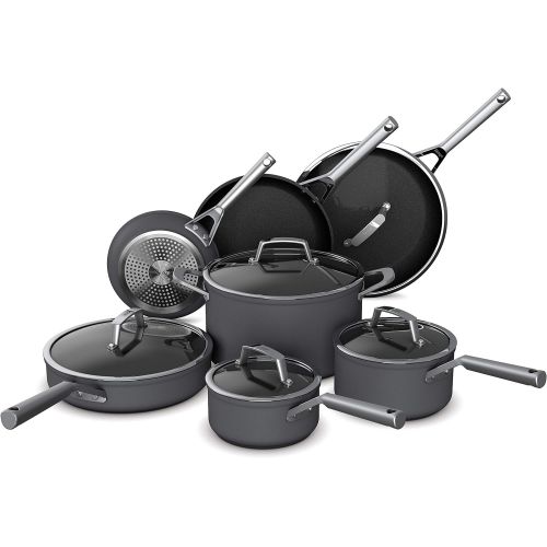 닌자 Ninja Foodi NeverStick Premium Hard-Anodized 12-Piece Cookware Set, slate grey, C39800 & Foodi NeverStick Premium Hard-Anodized 5-Quart Saute Pan with Glass Lid, C30150