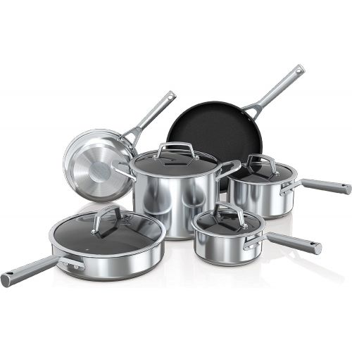 닌자 Ninja C69500 Foodi NeverStick Stainless 10-Piece Cookware Set with Glass Lids, Polished Stainless-Steel Exterior, Nonstick, Durable & Oven Safe to 500°F, Silver