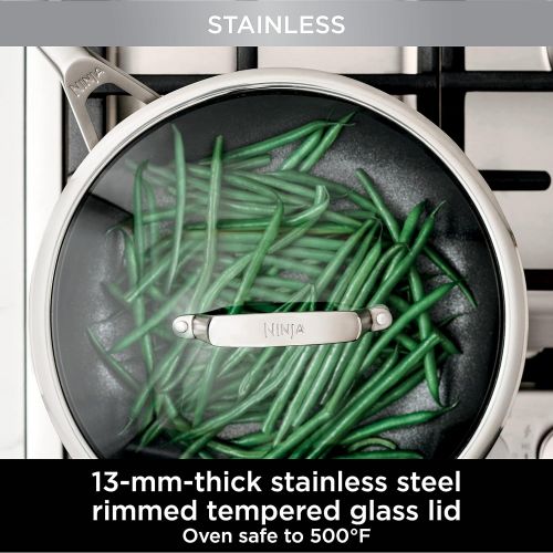 닌자 Ninja C69500 Foodi NeverStick Stainless 10-Piece Cookware Set with Glass Lids, Polished Stainless-Steel Exterior, Nonstick, Durable & Oven Safe to 500°F, Silver