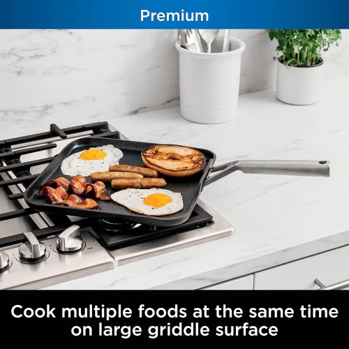닌자 Ninja C30628 Foodi NeverStick Premium 11-Inch Square Griddle Pan, Hard-Anodized, Nonstick, Durable & Oven Safe to 500°F, Slate Grey