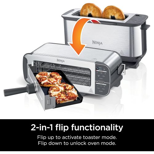 닌자 Ninja ST101 Foodi 2-in-1 Flip Toaster, 2-Slice Capacity, Compact Toaster Oven, Snack Maker, Reheat, Defrost, 1500 Watts, Stainless Steel