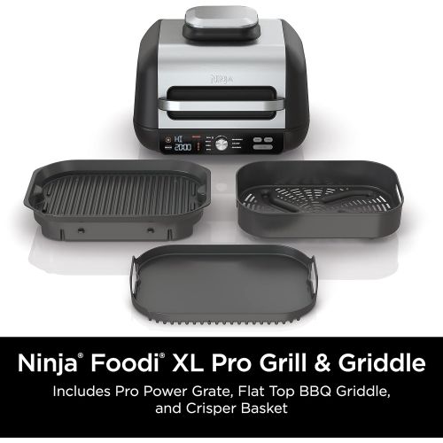 닌자 Ninja IG601 Foodi XL 7-in-1 Indoor Grill Combo, use Opened or Closed, Air Fry, Dehydrate & More, Pro Power Grate, Flat Top Griddle, Crisper, Black, 4 Quarts