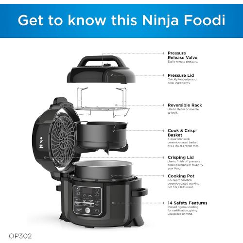닌자 Ninja OP302 Foodi 9-in-1 Pressure, Broil, Dehydrate, Slow Cooker, Air Fryer, and More, with 6.5 Quart Capacity and 45 Recipe Book, and a High Gloss Finish
