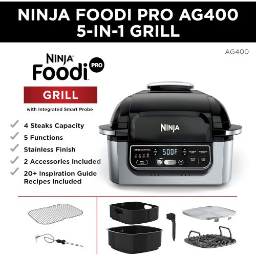 닌자 Ninja Foodi Pro 5-in-1 Indoor Integrated Smart Probe, 4-Quart Air Fryer, Roast, Bake, Dehydrate, an Cyclonic Grilling Technology, with 4 Steaks Capacity, Stainless