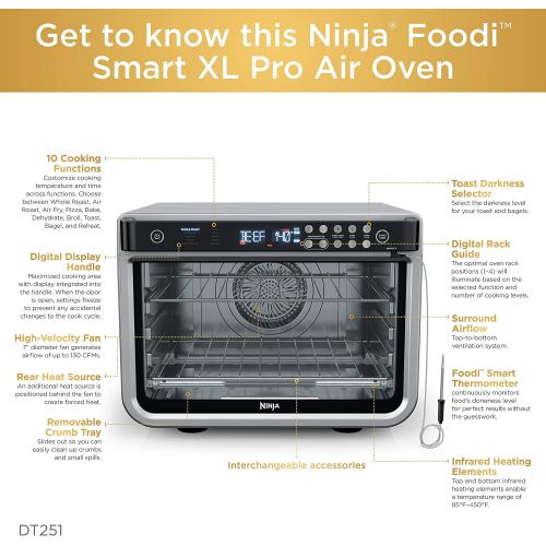 닌자 Ninja DT251 Foodi 10-in-1 Smart XL Air Fry Oven, Bake, Broil, Toast, Air Fry, Roast, Digital Toaster, Smart Thermometer, True Surround Convection up to 450°F, includes 6 trays & Re