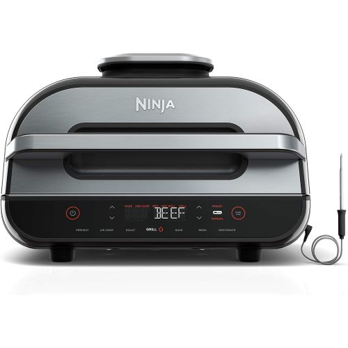 닌자 Ninja FG551 Foodi Smart XL 6-in-1 Indoor Grill with Air Fry, Roast, Bake, Broil & Dehydrate, Smart Thermometer, Black/Silver