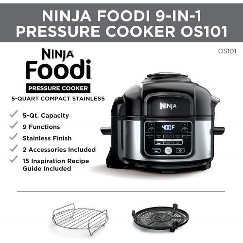 닌자 Ninja OS101 Foodi 9-in-1 Pressure Cooker and Air Fryer with Nesting Broil Rack, 5 Quart, Stainless Steel