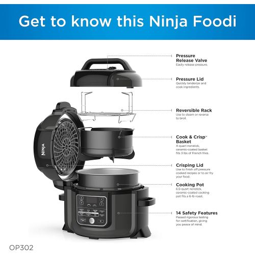 닌자 [아마존베스트]Ninja OP302 Foodi 9-in-1 Pressure, Broil, Dehydrate, Slow Cooker, Air Fryer, and More, with 6.5 Quart Capacity and 45 Recipe Book, and a High Gloss Finish