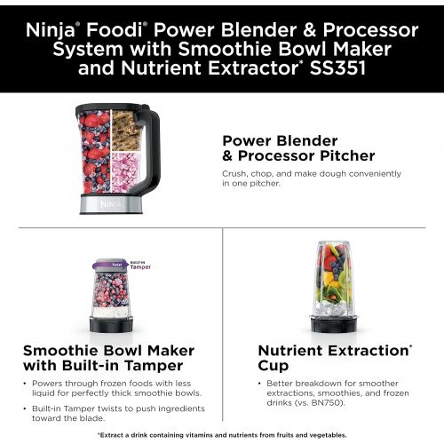 닌자 Ninja SS351 Foodi Power Blender & Processor System 1400 WP Smoothie Bowl Maker & Nutrient Extractor* 6 Functions for Bowls, Spreads, Dough & More, smartTORQUE, 72-oz.** Pitcher & T