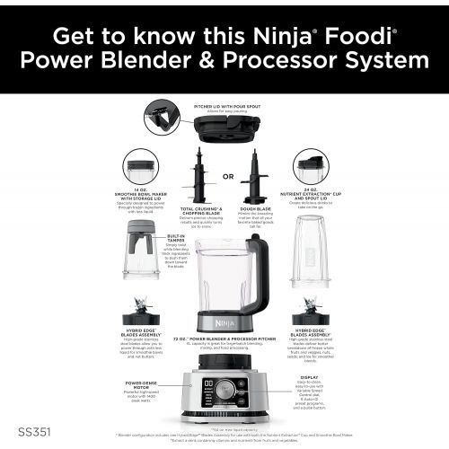 닌자 Ninja SS351 Foodi Power Blender & Processor System 1400 WP Smoothie Bowl Maker & Nutrient Extractor* 6 Functions for Bowls, Spreads, Dough & More, smartTORQUE, 72-oz.** Pitcher & T