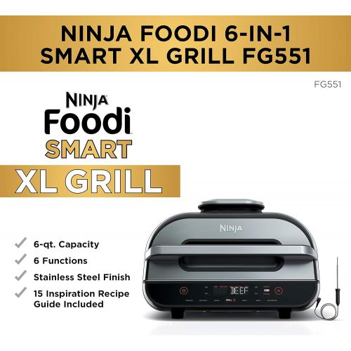 닌자 Ninja FG551 Foodi Smart XL 6-in-1 Indoor Grill with Air Fry, Roast, Bake, Broil & Dehydrate, Smart Thermometer, Black/Silver