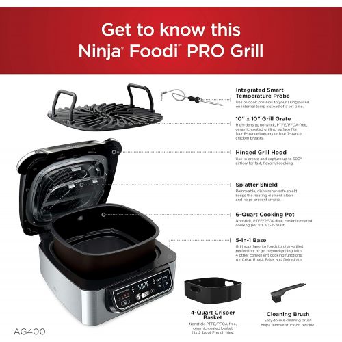 닌자 Ninja Foodi Pro 5-in-1 Indoor Integrated Smart Probe, 4-Quart Air Fryer, Roast, Bake, Dehydrate, an Cyclonic Grilling Technology, with 4 Steaks Capacity, Stainless