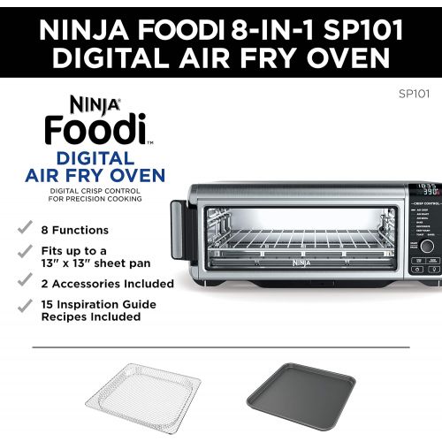 닌자 Ninja SP101 Digital Air Fry Countertop Oven with 8-in-1 Functionality, Flip Up & Away Capability for Storage Space, with Air Fry Basket, Wire Rack & Crumb Tray, Silver
