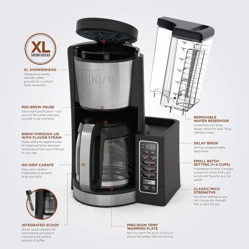 닌자 Ninja 12-Cup Programmable Coffee Maker with Classic and Rich Brews, 60 oz. Water Reservoir, and Thermal Flavor Extraction (CE201), Black/Stainless Steel