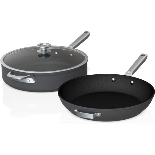 닌자 Ninja C53300 Foodi NeverStick Premium 3-Piece Cookware Set with Glass Lid, Anti-Scratch Nest System, Hard-Anodized, Nonstick, Durable & Oven Safe to 500°F, Slate Grey