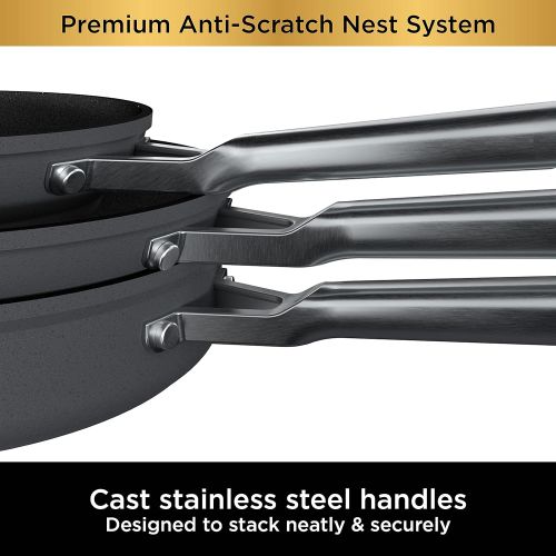 닌자 Ninja C53300 Foodi NeverStick Premium 3-Piece Cookware Set with Glass Lid, Anti-Scratch Nest System, Hard-Anodized, Nonstick, Durable & Oven Safe to 500°F, Slate Grey