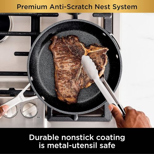 닌자 Ninja C53300 Foodi NeverStick Premium 3-Piece Cookware Set with Glass Lid, Anti-Scratch Nest System, Hard-Anodized, Nonstick, Durable & Oven Safe to 500°F, Slate Grey