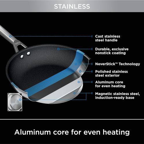 닌자 Ninja C60020 Foodi NeverStick Stainless 8-Inch Fry Pan, Polished Stainless-Steel Exterior, Nonstick, Durable & Oven Safe to 500°F, Silver