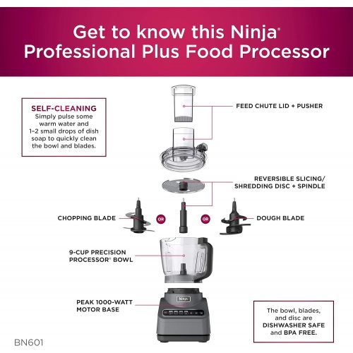 닌자 [아마존베스트]Ninja BN601 Professional Plus Food Processor 1000-Peak-Watts with Auto-iQ Preset Programs Chop Puree Dough Slice Shred with a 9-Cup Capacity and a Silver Stainless Finish