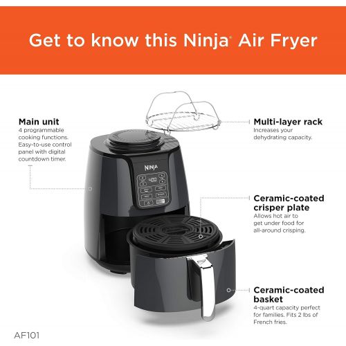 닌자 SharkNinja Ninja Air Fryer, 1550-Watt Programmable Base for Air Frying, Roasting, Reheating & Dehydrating with 4-Quart Ceramic Coated Basket (AF101), BlackGray