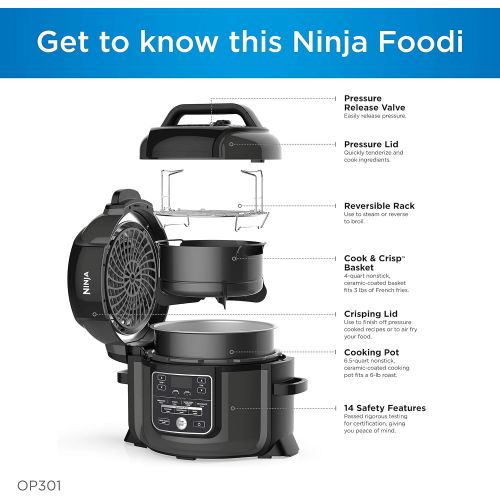 닌자 Ninja Foodi 1400-Watt Multi Cooker, Pressure Cooker, Steamer & Air Fryer w TenderCrisp Technology, Pressure & Crisping Lid, 6.5 Qt Pot (OP301), BlackGray