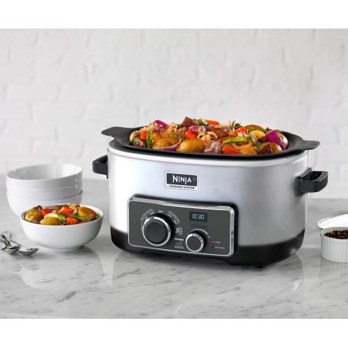 닌자 Ninja Multi-Cooker with 4-in-1 Stove Top, Oven, Steam & Slow Cooker Options, 6-Quart Nonstick Pot, and Steaming/Roasting Rack (MC950ZSS), Stainless (Certified Refurbished)