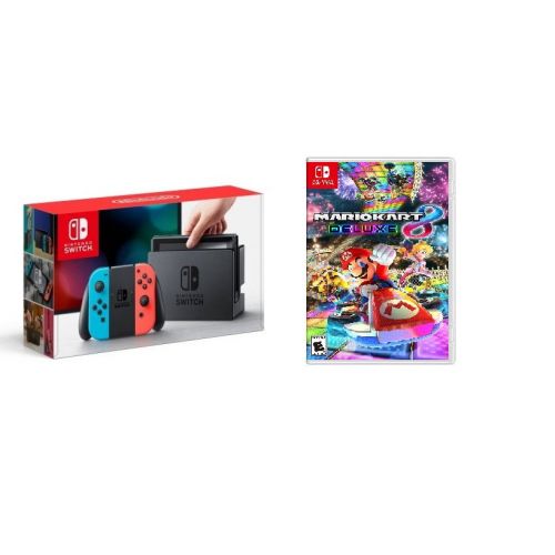 닌텐도 Nintendo Switch Gaming Console Neon Blue and Neon Red Joy-Con Bundle with Mario Kart Deluxe 8