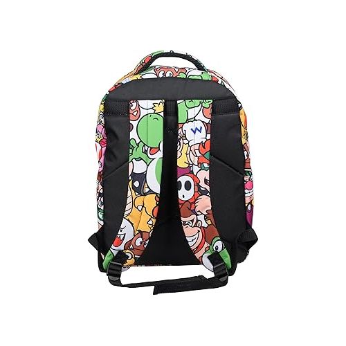 닌텐도 Nintendo Super Mario Backpack for Boys & Girls, School Bag with Front Pocket, Allover Character Print Gaming Bookbag with Padded Back and Adjustable Mesh Straps