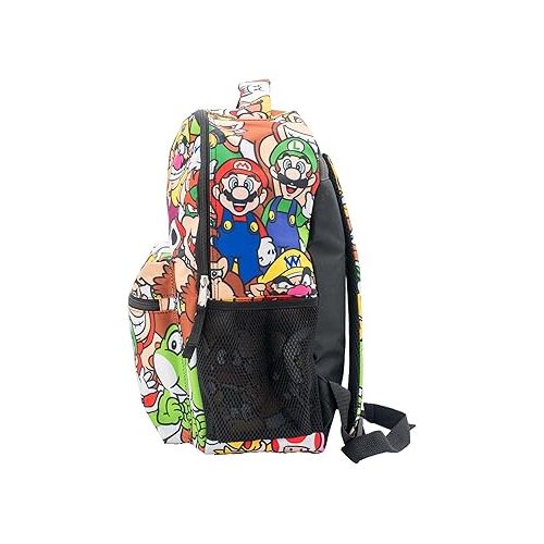 닌텐도 Nintendo Super Mario Backpack for Boys & Girls, School Bag with Front Pocket, Allover Character Print Gaming Bookbag with Padded Back and Adjustable Mesh Straps