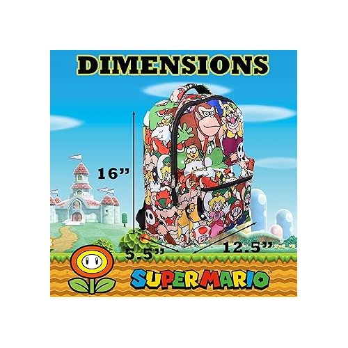 닌텐도 Nintendo Super Mario Backpack for Boys & Girls, School Bag with Front Pocket, Allover Character Print Gaming Bookbag with Padded Back and Adjustable Mesh Straps