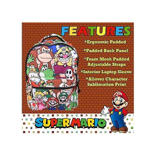 닌텐도 Nintendo Super Mario Backpack for Boys & Girls, School Bag with Front Pocket, Allover Character Print Gaming Bookbag with Padded Back and Adjustable Mesh Straps