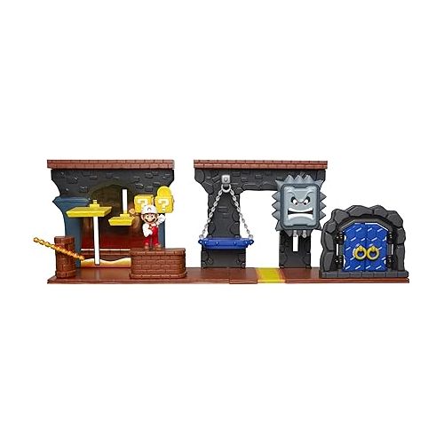 닌텐도 Nintendo Super Mario Dungeon Deluxe Play Set, Includes: 2.5” Fire Mario Figure & 7 Interactive Environmentpiece Moving Platforms & Thwomp, Spinning Fire Balls, Hidden Coin, Swing, & Door