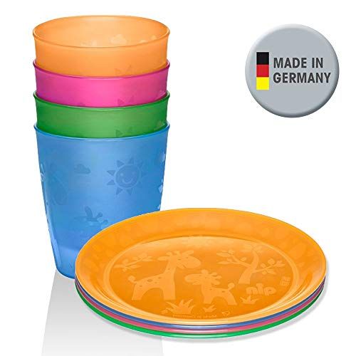  NIP 8 tlg. Kleinkinder-Set // made in Germany // Teller mit Motiv 4er Pack & Trinkbecher 4er Pack // Niedliches Giraffenmotiv BPA frei