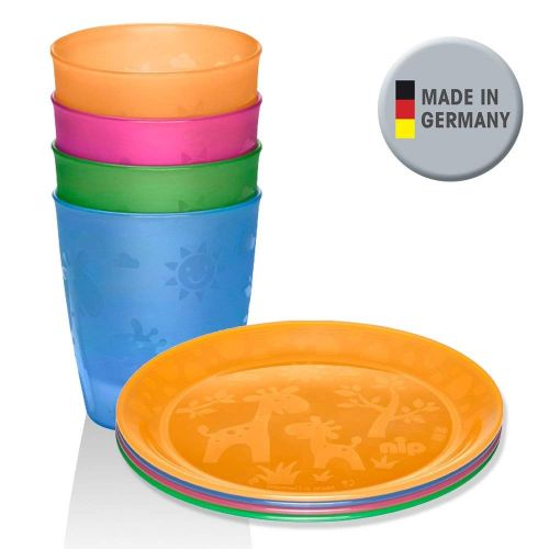  NIP 8 tlg. Kleinkinder-Set // made in Germany // Teller mit Motiv 4er Pack & Trinkbecher 4er Pack // Niedliches Giraffenmotiv BPA frei