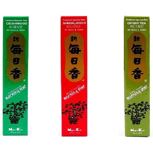  인센스스틱 nippon kodo Morning Star Incense Bundle of 3 x 50 Sticks Boxes (Cedarwood, Sandalwood, Green Tea) - Premium Incense Sticks from Japan