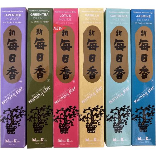  인센스스틱 nippon kodo Morning Star Incense Set of 6 (Lotus, Vanilla, Lavender, Jasmine, Green Tea and Gardenia), 50 Sticks in Each Scent