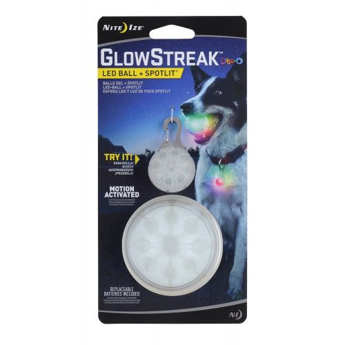  Nite Ize GlowStreak LED Dog Ball + Collar Light Combo Pack, Bounce-Activated Light Up Dog Ball, Replaceable Batteries, Disc-O Color Changing LED