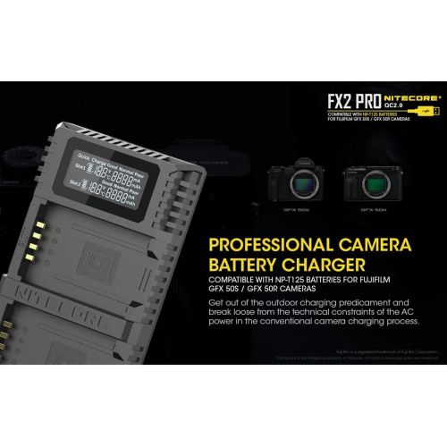  NITECORE FX2 PRO Dual Slot USB Digital Charger Compatible with Fujifilm NP-T125 Camera Batteries for GFX 50S and GFX 50R and LumenTac QC3.0 Charging Adapter