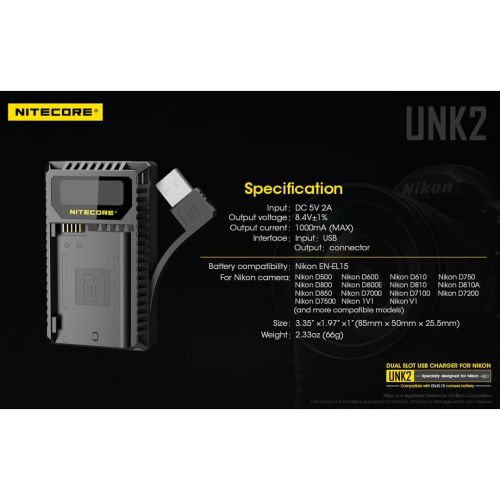  NITECORE UNK2 Dual Port USB Digital Camera Battery Charger for Nikon Batteries EN-EL15 with LumenTac Adapter