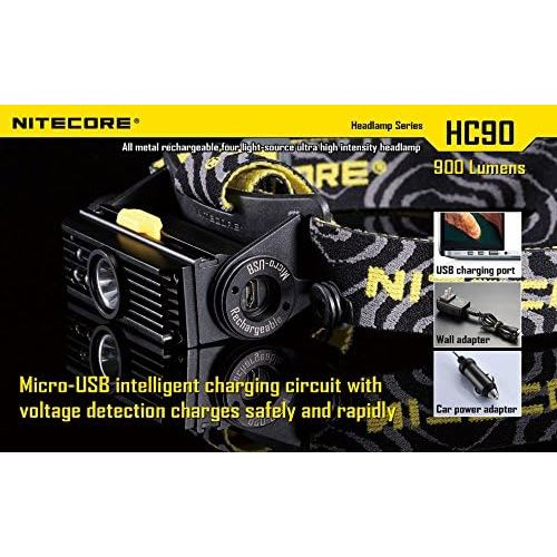  Nitecore HC90 900 Lumen CREE XM-L2 T6 LED USB rechargeable headlamp 2 X Genuine Nitecore NL189 18650 3400mAh Li-ion rechargeable batteries, Nitecore i4 intelligent Charger, in-Car