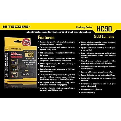  Nitecore HC90 900 Lumen CREE XM-L2 T6 LED USB rechargeable headlamp 2 X Genuine Nitecore NL189 18650 3400mAh Li-ion rechargeable batteries, Nitecore i4 intelligent Charger, in-Car