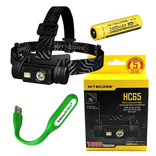  Nitecore HC65 1000 Lumens CREE LED headlamp and rechargeable 3400mAh Li-ion battery with EdisonBright USB powered reading lamp