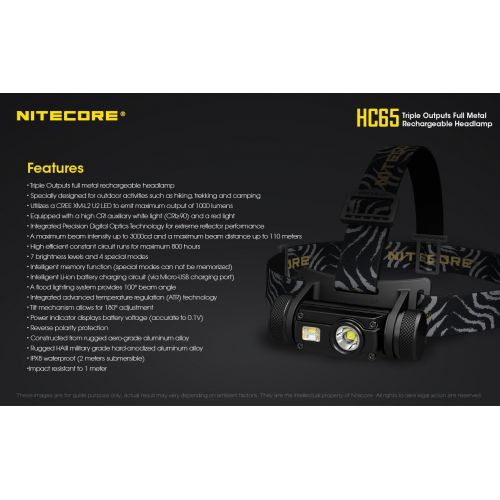  Nitecore HC65 1000 Lumens CREE LED headlamp and rechargeable 3400mAh Li-ion battery with EdisonBright USB powered reading lamp