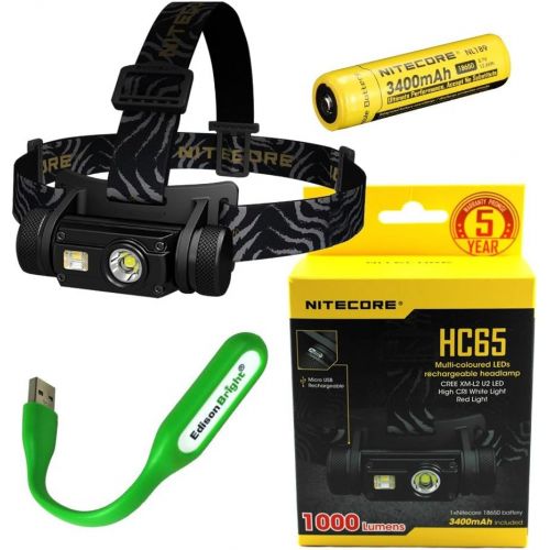  Nitecore HC65 1000 Lumens CREE LED headlamp and rechargeable 3400mAh Li-ion battery with EdisonBright USB powered reading lamp