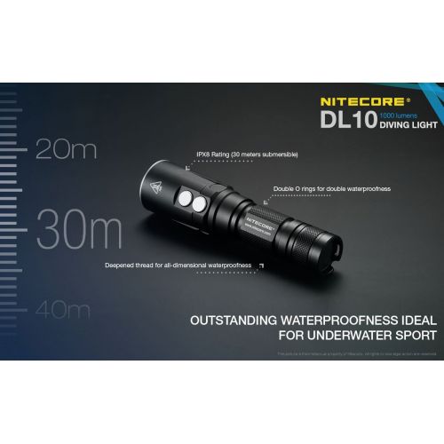  Nitecore DL10 1000 Lumen White/Red LED 30m Submersible Diving Flashlight Plus High Capacity 3400mAh USB Rechargeable Battery & Lumen Tactical Charging Cable